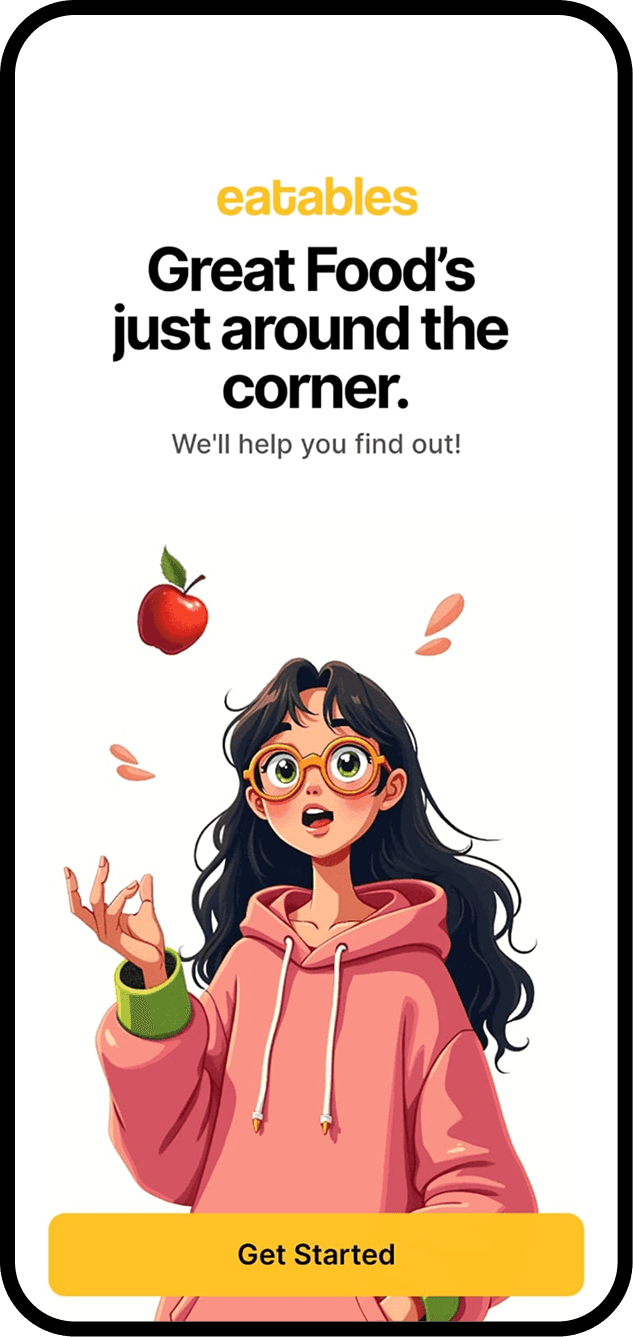 Eatables: Food Discovery & Review App mockup screenshot.