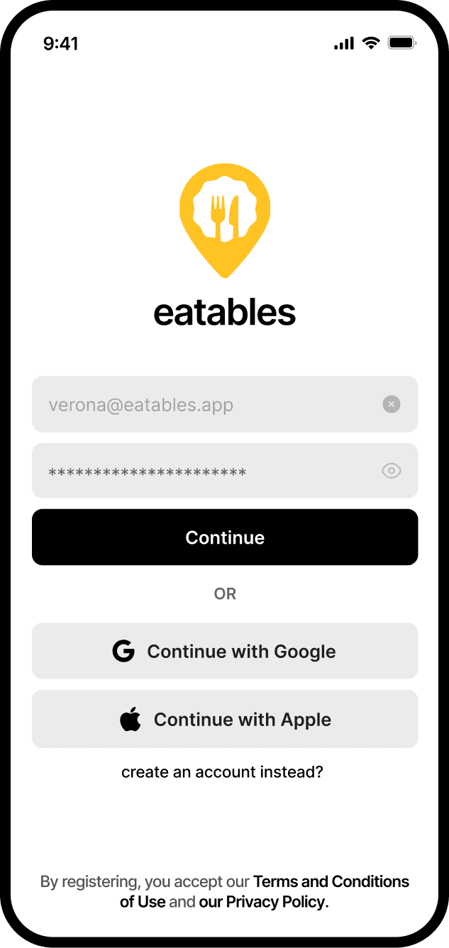 Eatables: Food Discovery & Review App mockup screenshot.